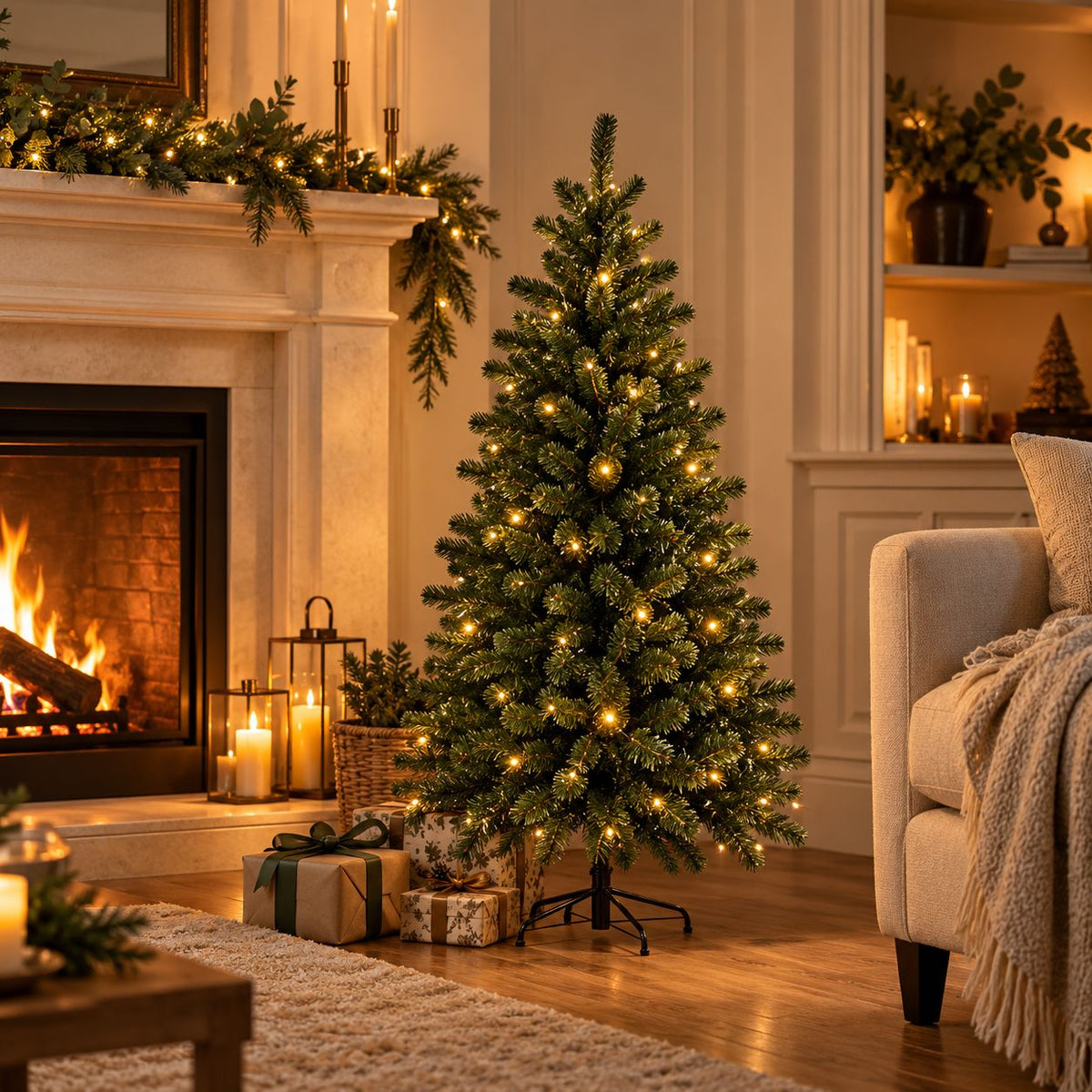 Premium Pre-Lit Artificial Christmas Tree (90cm/3ft)– Realistic Fir with Warm White LED Lights