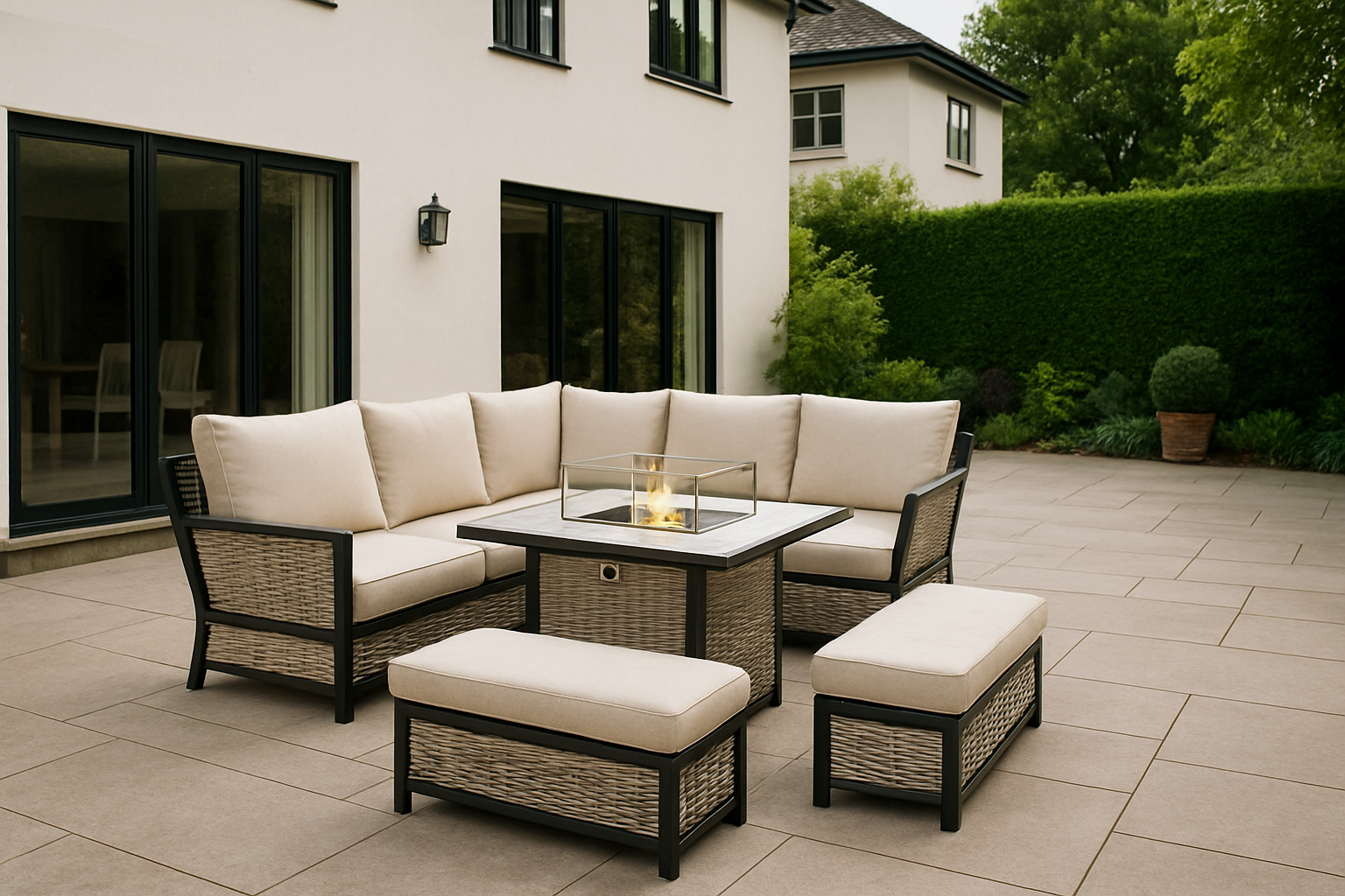The Cambridge Corner Sofa + 2 Benches & Firepit Garden Set ( Multiple Colours )