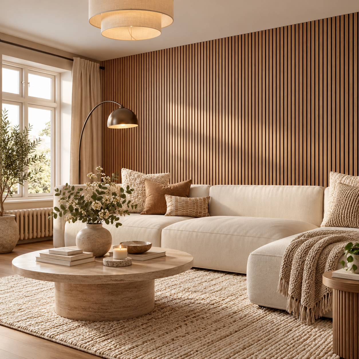 Finished luxury living room with natural oak acoustic wall panels