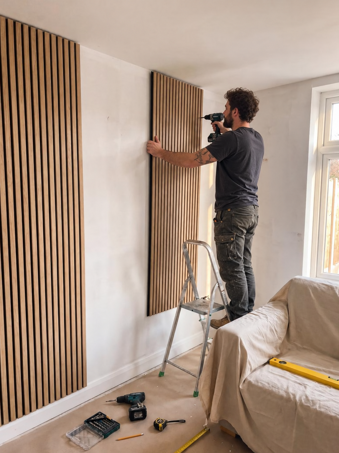 Installing oak acoustic slatted panels on an interior wall