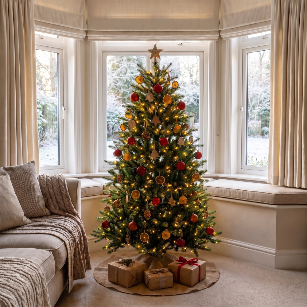 6ft Christmas tree decorated with red baubles and dried oranges in a bay window