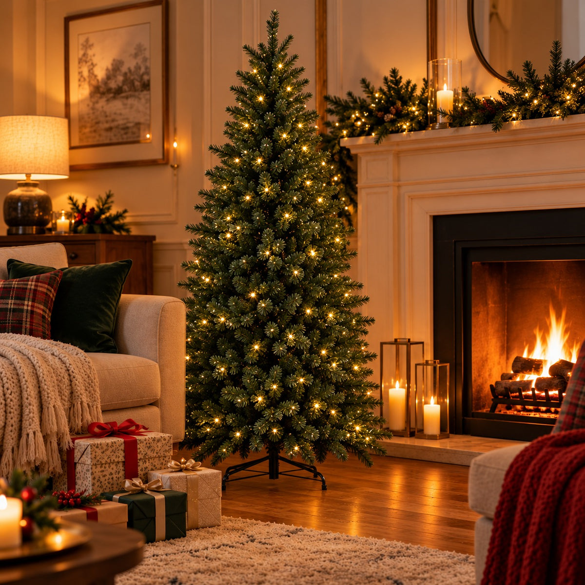 6ft artificial Christmas tree with warm white lights beside a lit fireplace