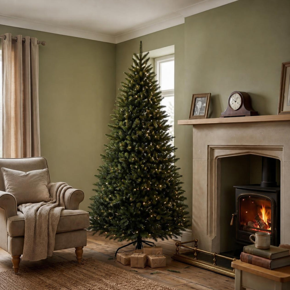 6ft artificial Christmas tree beside a stone fireplace in a living room