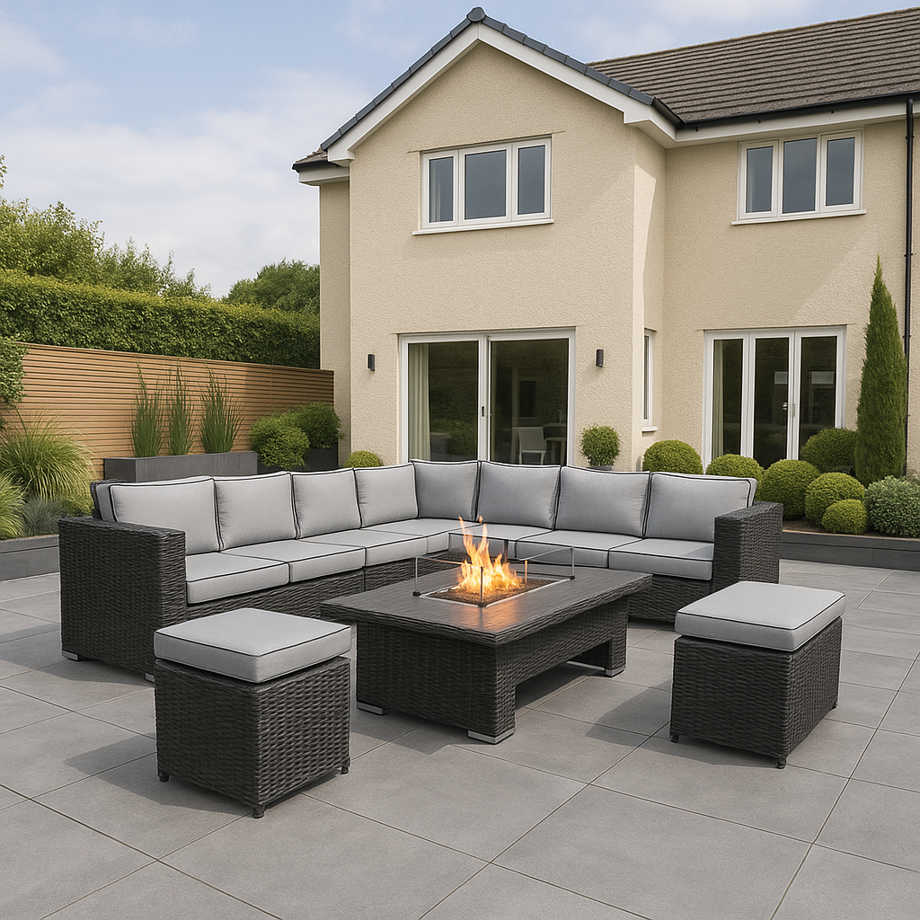 The Luxury Buckingham Rattan Fire Pit Corner Sofa Set + 2 Stools