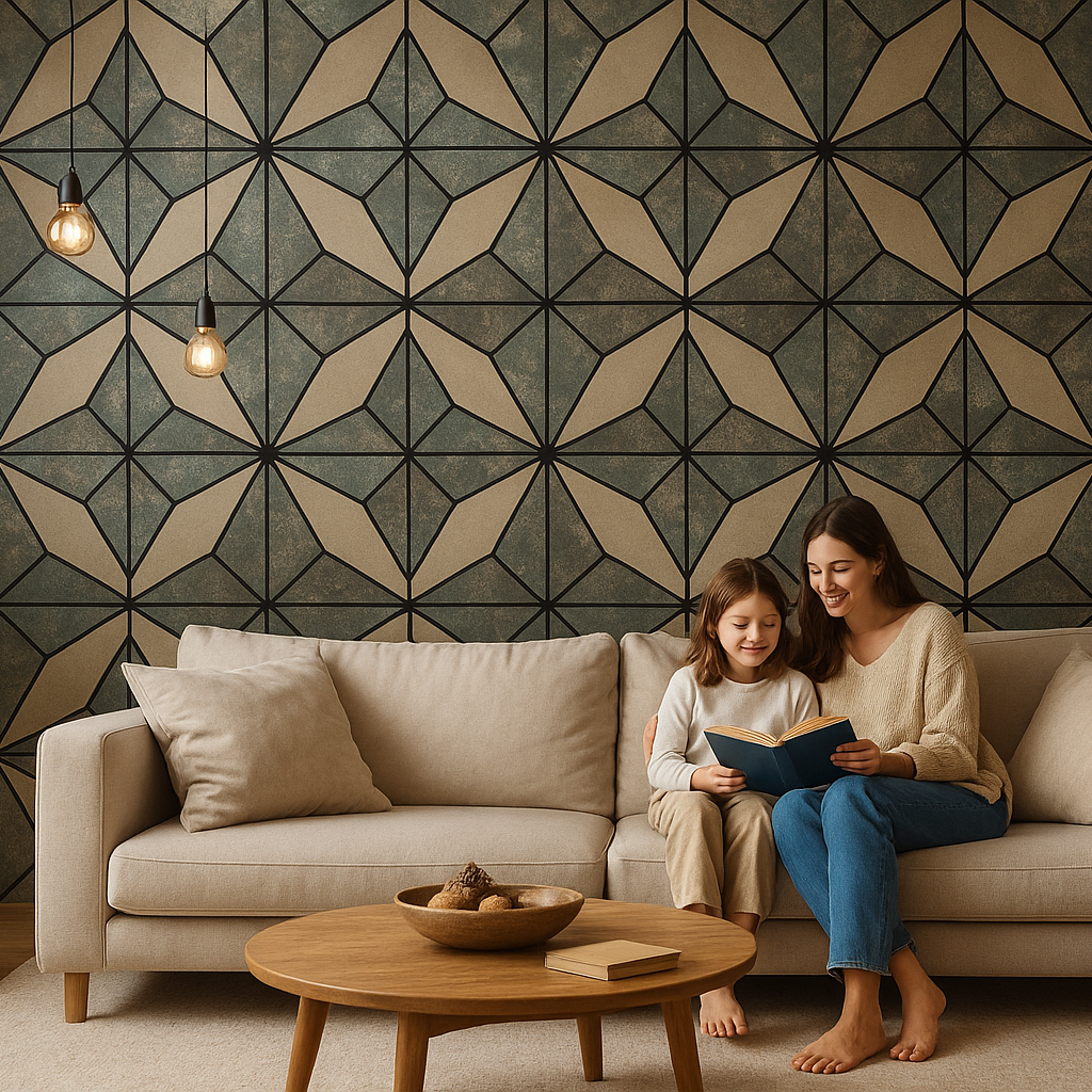 Woman and child sitting on a couch in a living room with geometric wall pattern