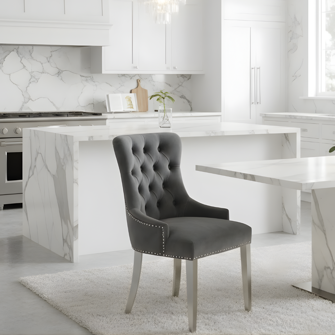 Dark Grey Dining Chair (Ring Knocker/Chrome Legs)