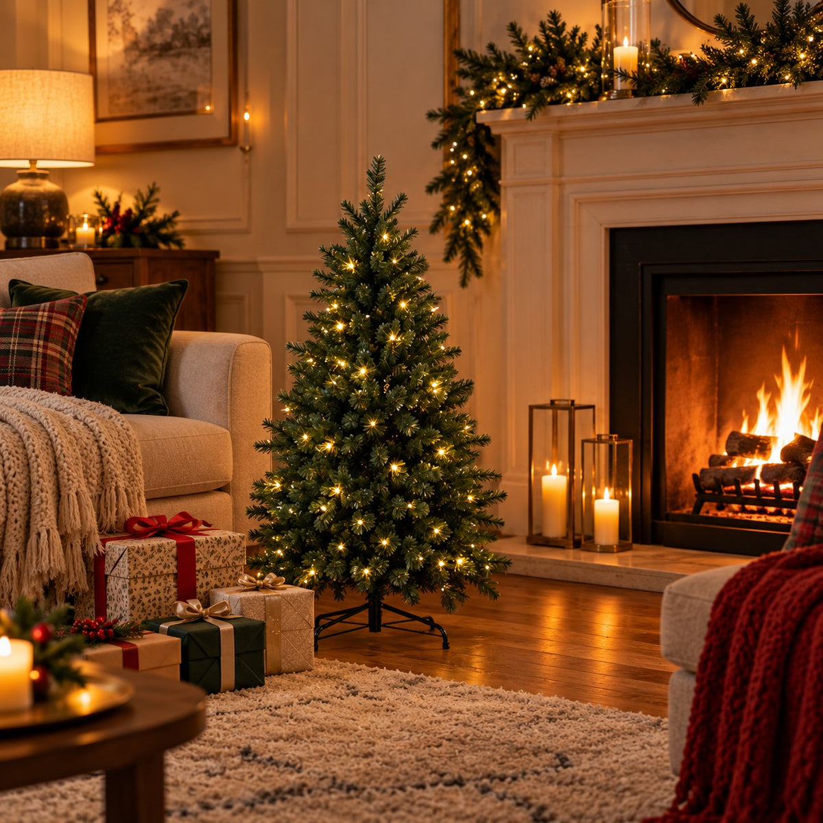 90cm pre-lit artificial Christmas tree with warm white lights beside a fireplace